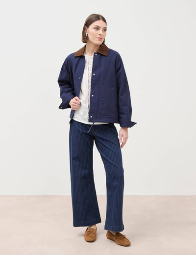 Jeans large cropped taille haute ray&eacute; denim brut femme