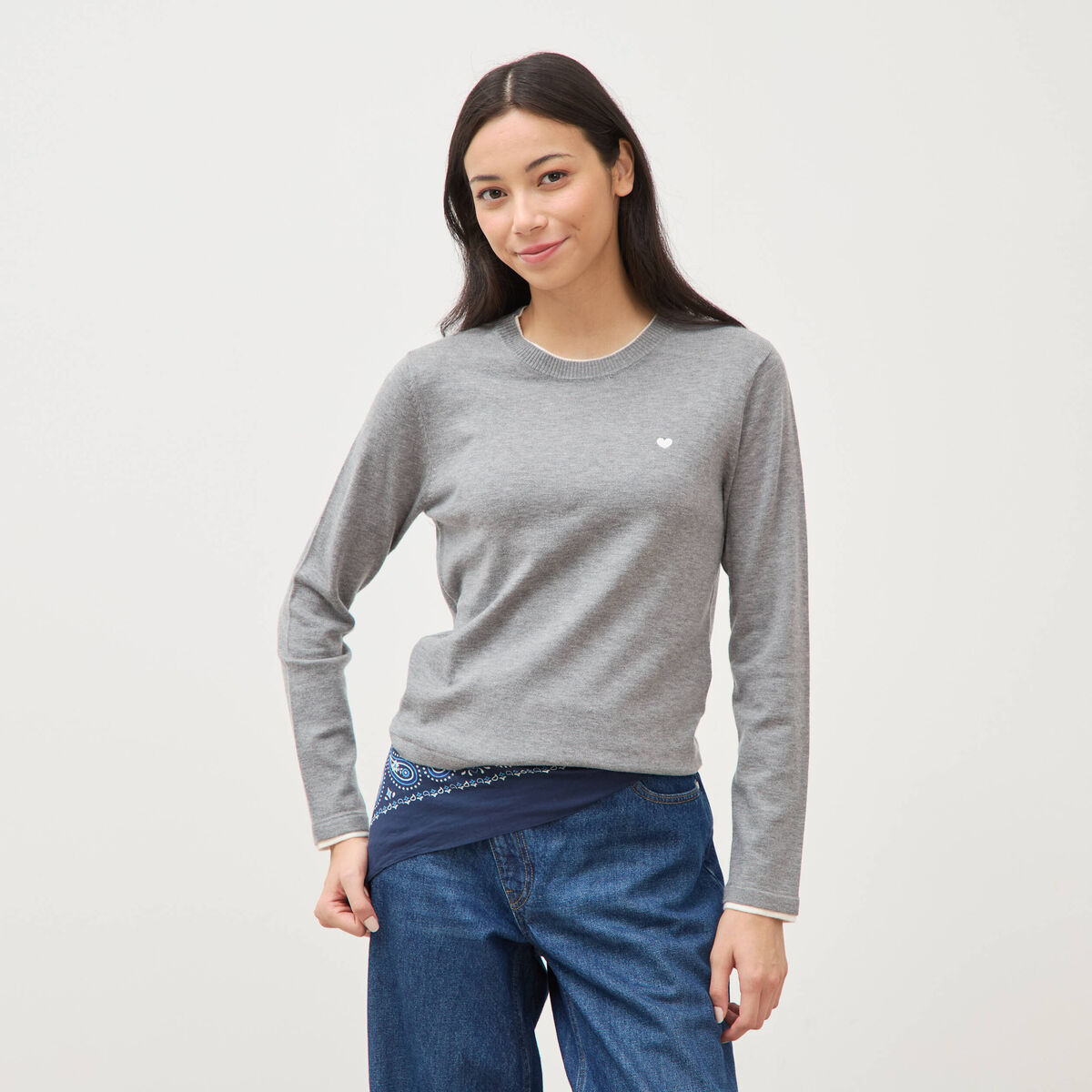 Pull fin col rond manches longues gris clair femme