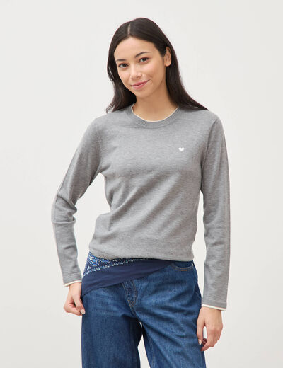 Pull fin col rond manches longues gris clair femme