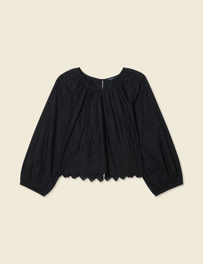 Blouse manches 3/4 brodée noir femme