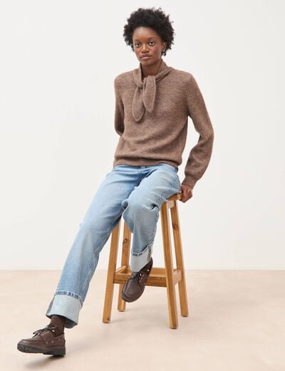 Pull droit col rond manches longues marron femme