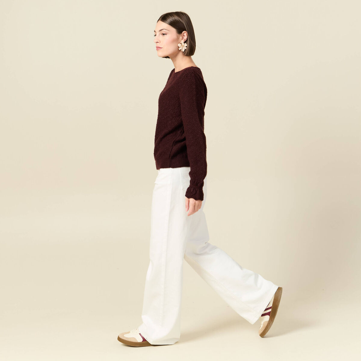 Pull ajour&eacute; col bateau manches longues prune femme