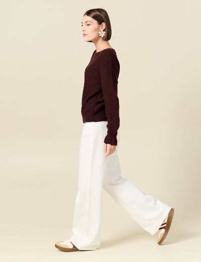 Pull ajour&eacute; col bateau manches longues prune femme