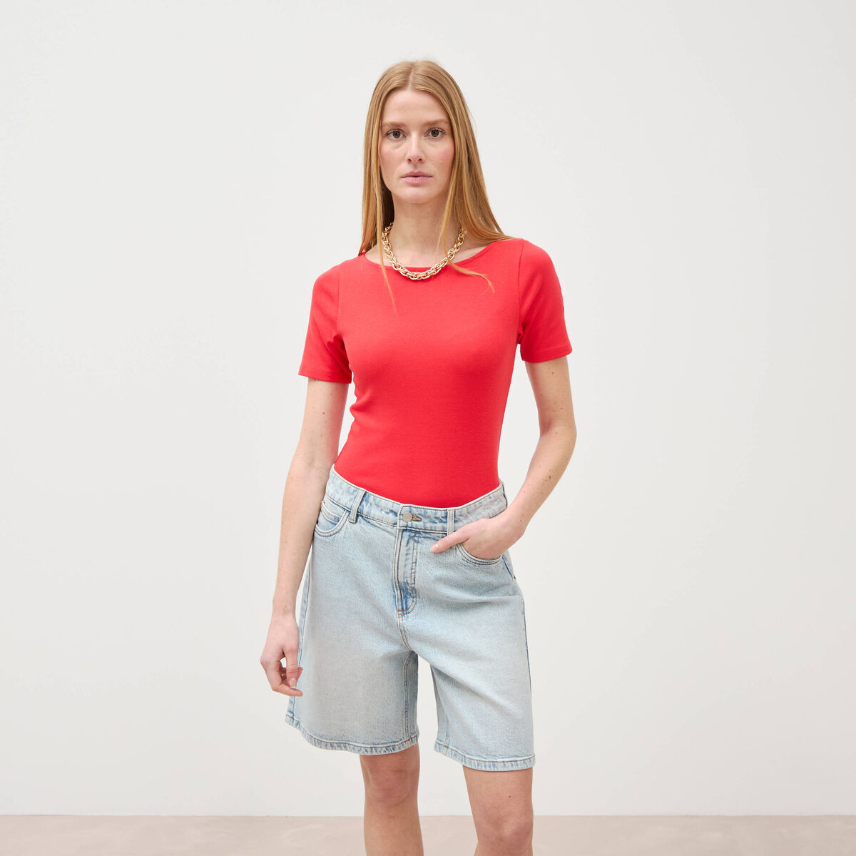 Bermuda jeans large taille haute denim snow bleach femme