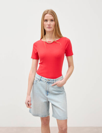 Bermuda jeans large taille haute denim snow bleach femme