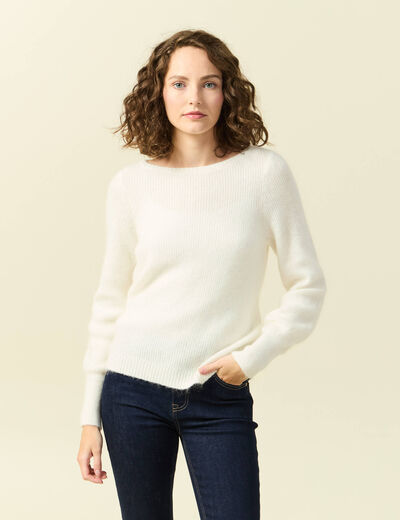 Pull col bateau manches longues ecru femme