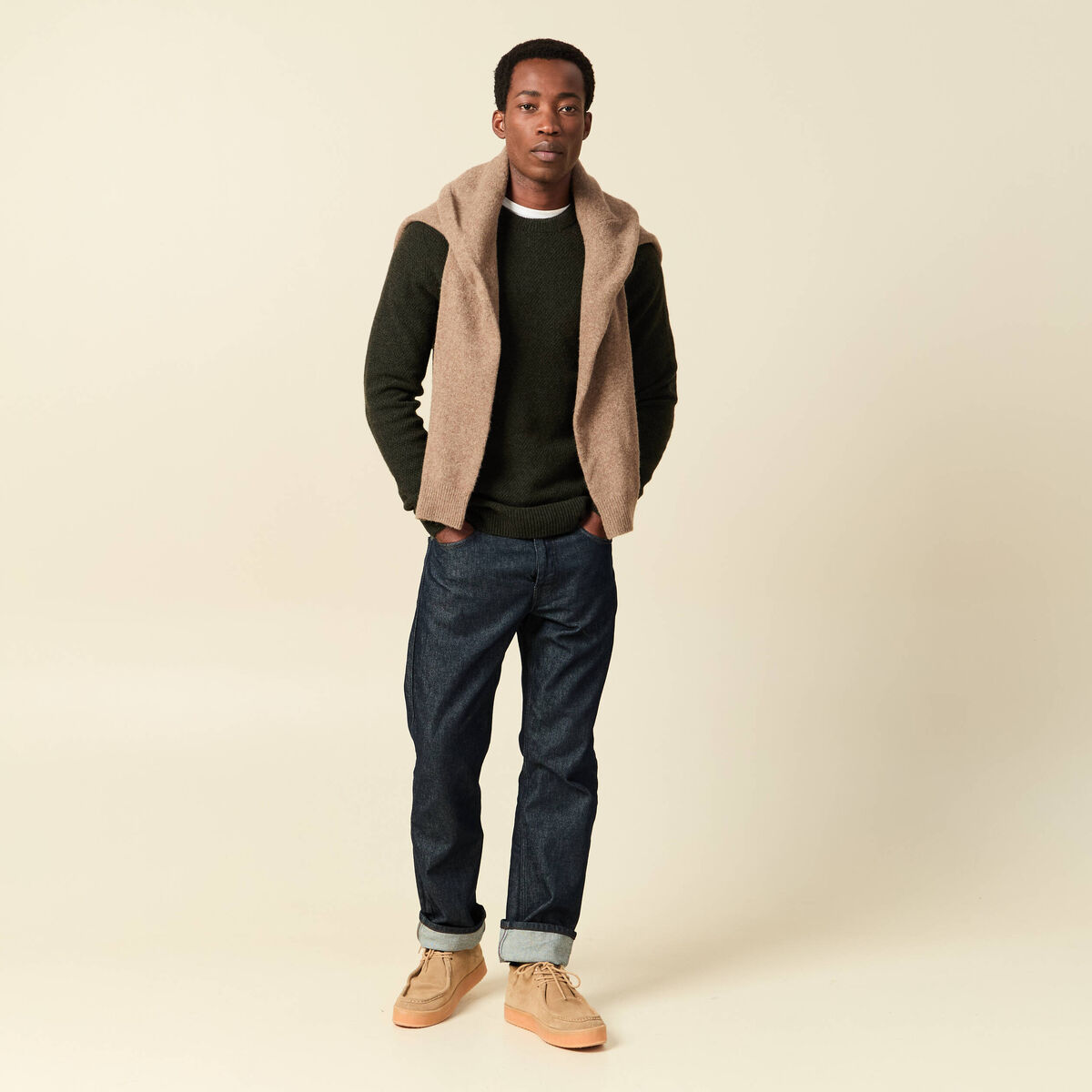 Pull manches longues fabriqu&eacute; en France vert kaki homme