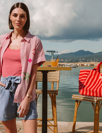 Chemise ample en coton &agrave; broderie orange abricot femme