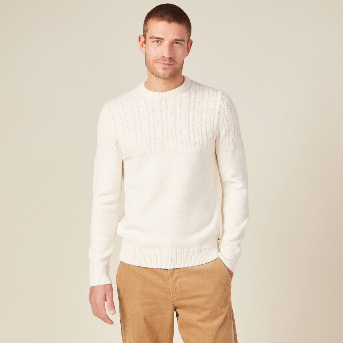 Pull manches longues torsades ecru homme