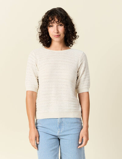 Gilet manches courtes ajouré creme femme