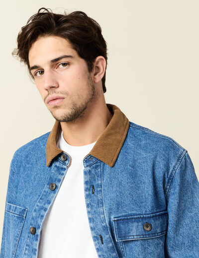 Veste col velours en jean denim double stone homme