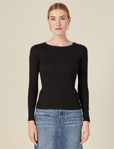 T-shirt cintr&eacute; manches longues col rond noir femme