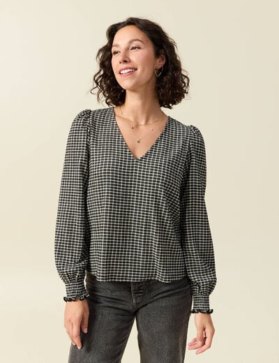 T-shirt col V manches longues noir femme