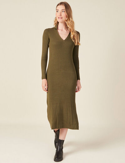 Robe pull longue moulante vert kaki femme