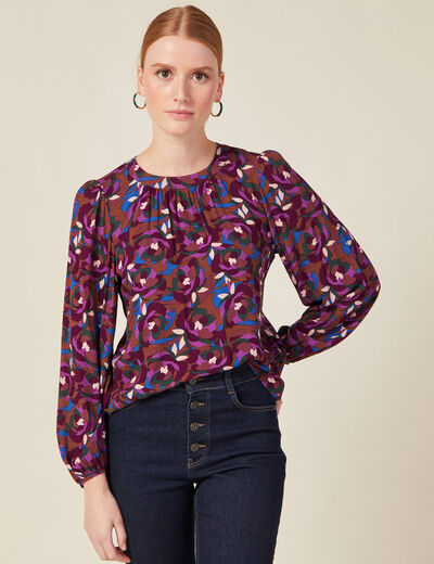 Blouse manches longues col rond marron femme