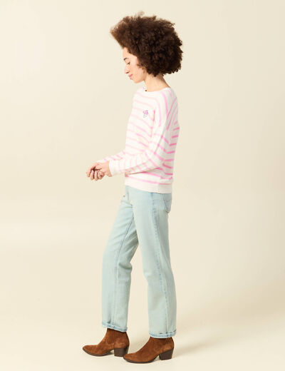 Pull col rond manches longues broderie rose clair femme