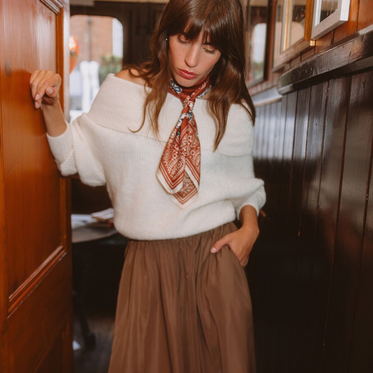 Pull manches longues col bardot ecru femme