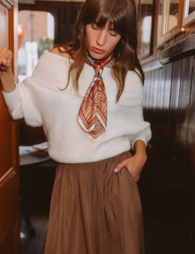 Pull manches longues col bardot ecru femme