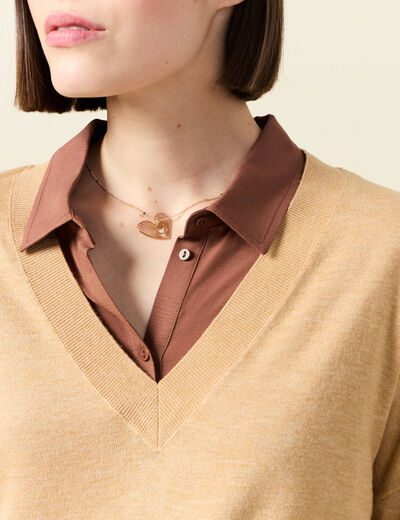 Pull fin col V manches longues marron clair femme