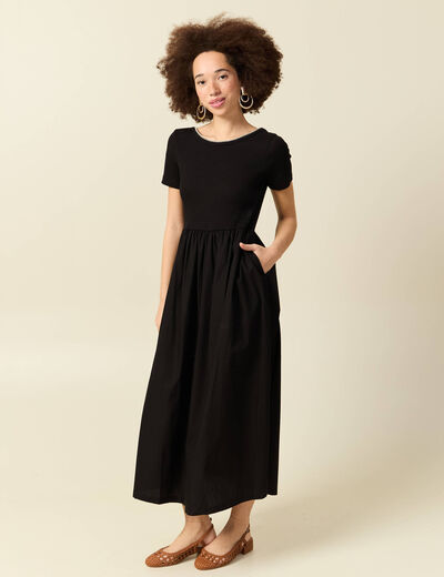 Robe longue bi-mati&egrave;re col rond noir femme