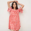 Robe fluide col rond manches coude orange corail femme