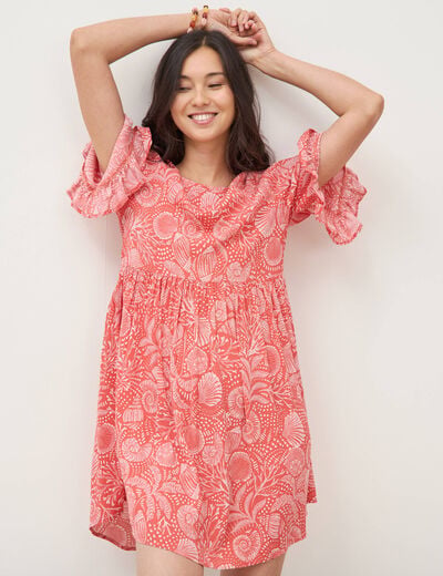 Robe fluide col rond manches coude orange corail femme