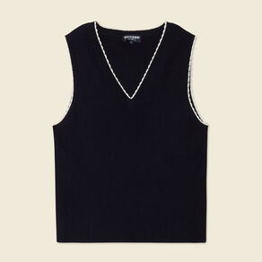 Pull sans manches col en V bleu marine femme