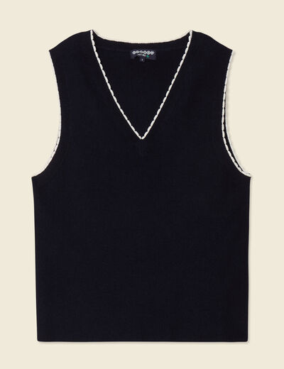 Pull sans manches col en V bleu marine femme