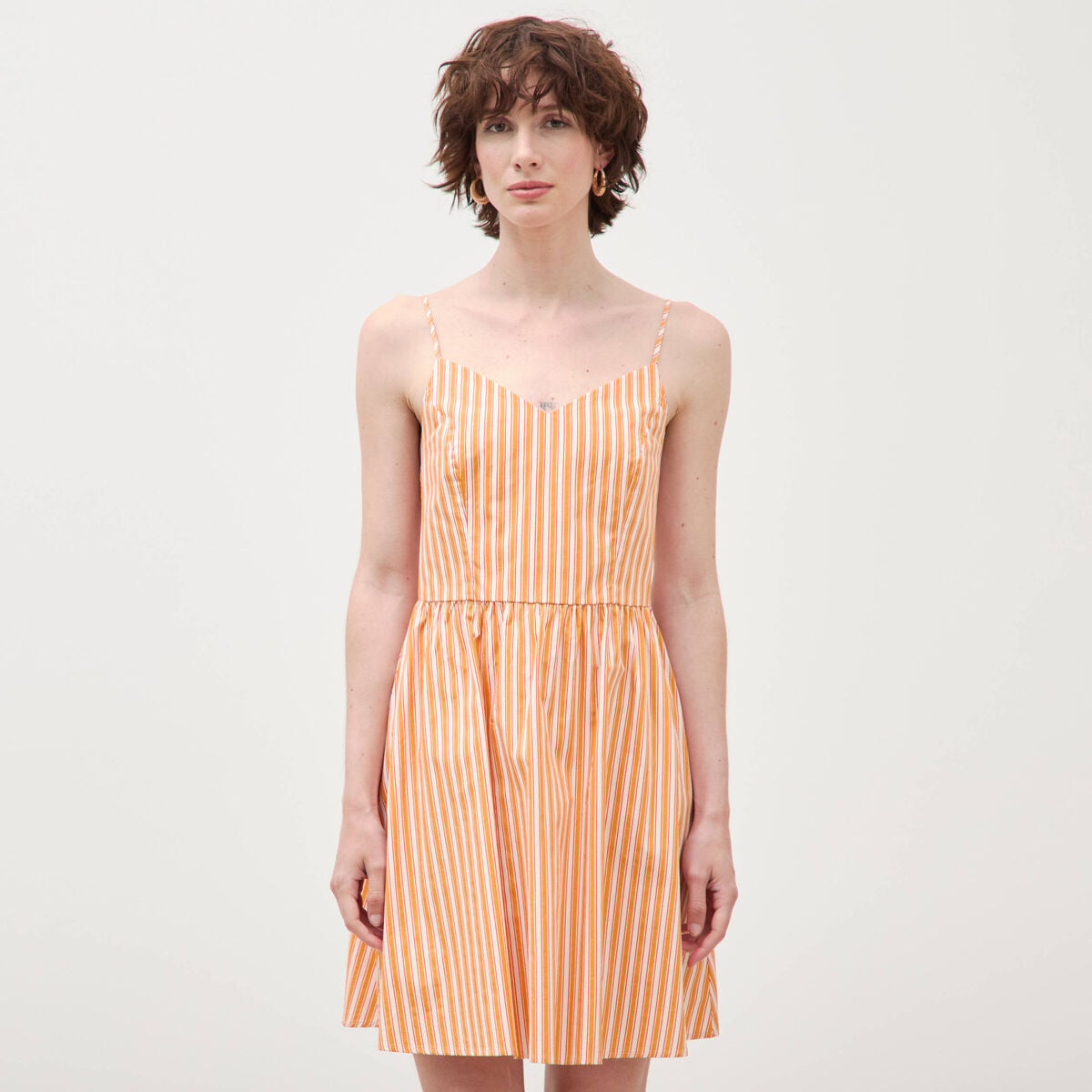 Robe bretelle col c&oelig;ur en coton orange abricot femme