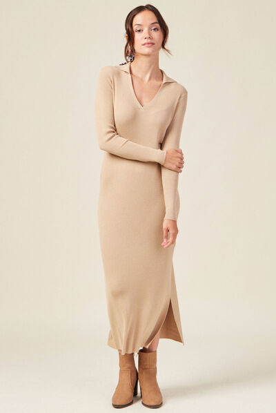Robe pull longue moulante beige femme