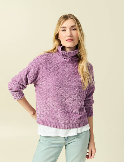 Pull col roul&eacute; manches longues mauve femme