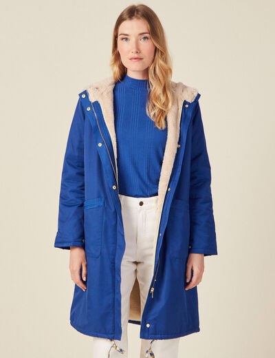 Parka droite à capuche doublée bleu electrique femme