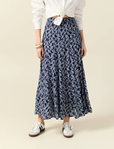 Jupe longue droite fluide bleu marine femme