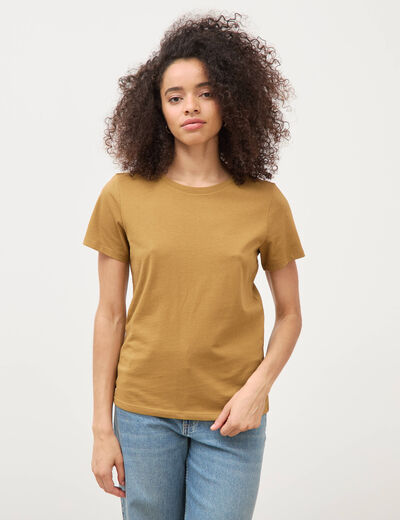 T-shirt cintr&eacute; col rond manches courtes camel femme
