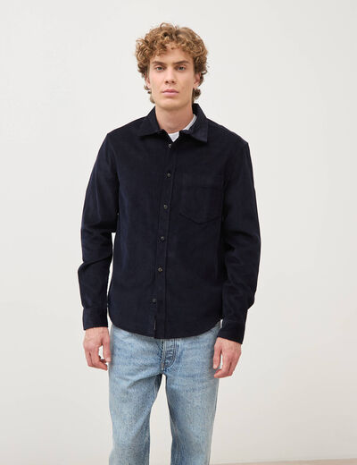 Chemise col classique en velours bleu marine homme