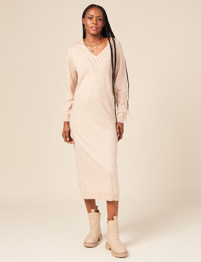 Robe cintr&eacute;e col v manches 3/4 creme femme