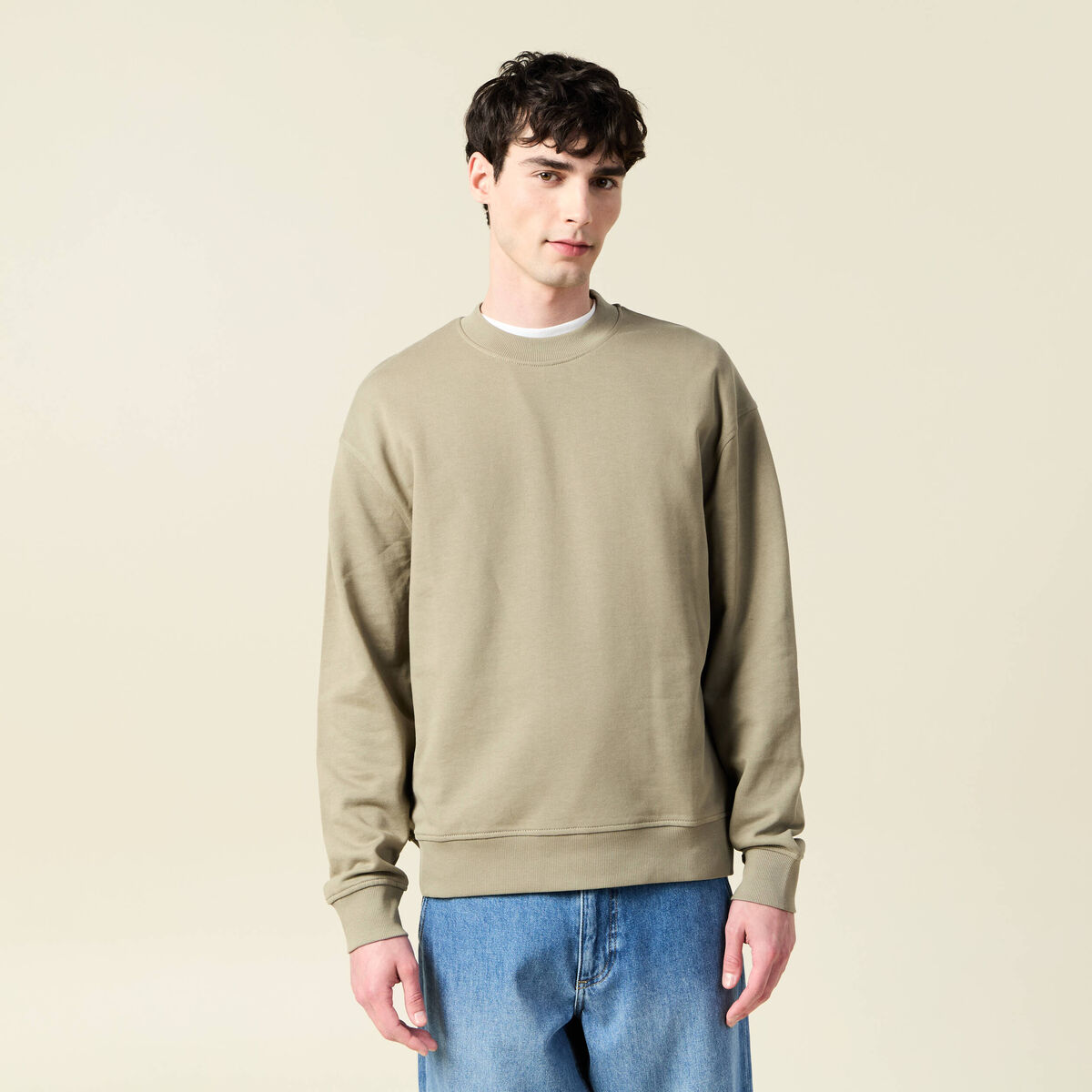 Sweat col rond manches longues en coton vert kaki homme