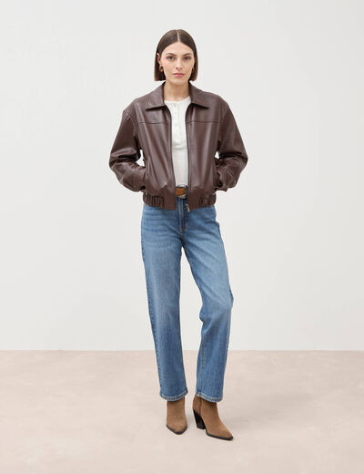 Jeans straight 7/8&egrave;me taille haute denim stone femme
