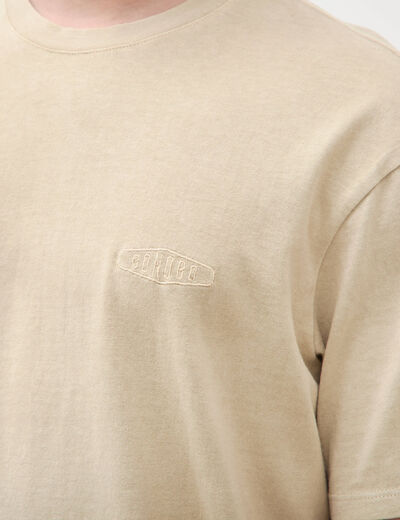 T-shirt ample col rond broderie coton beige homme