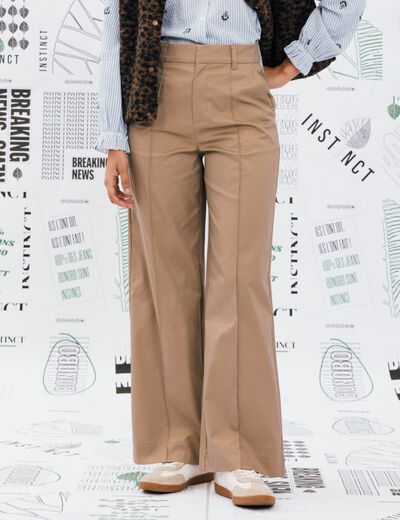 Pantalon large taille haute beige femme