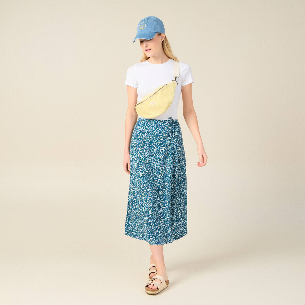 Jupe longue portefeuille bleu femme