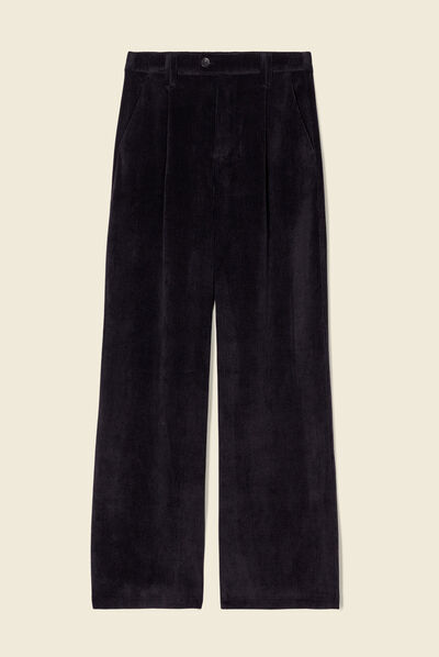 Pantalon large velours pinces noir femme