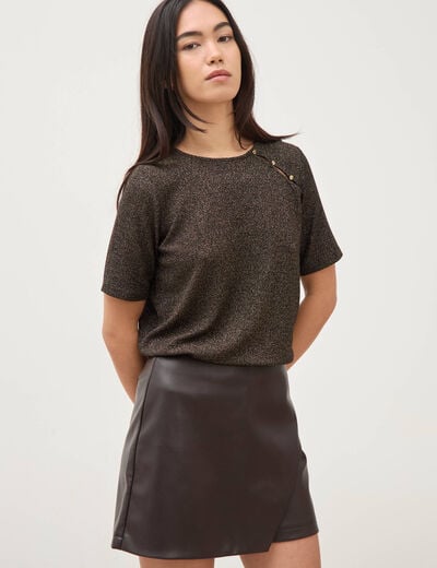 Jupe-short en similicuir doubl&eacute;e marron fonc&eacute; femme