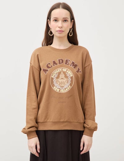 Sweat col rond manches longues marron femme