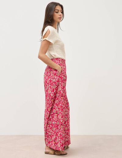 Pantalon large taille haute rouge cerise femme