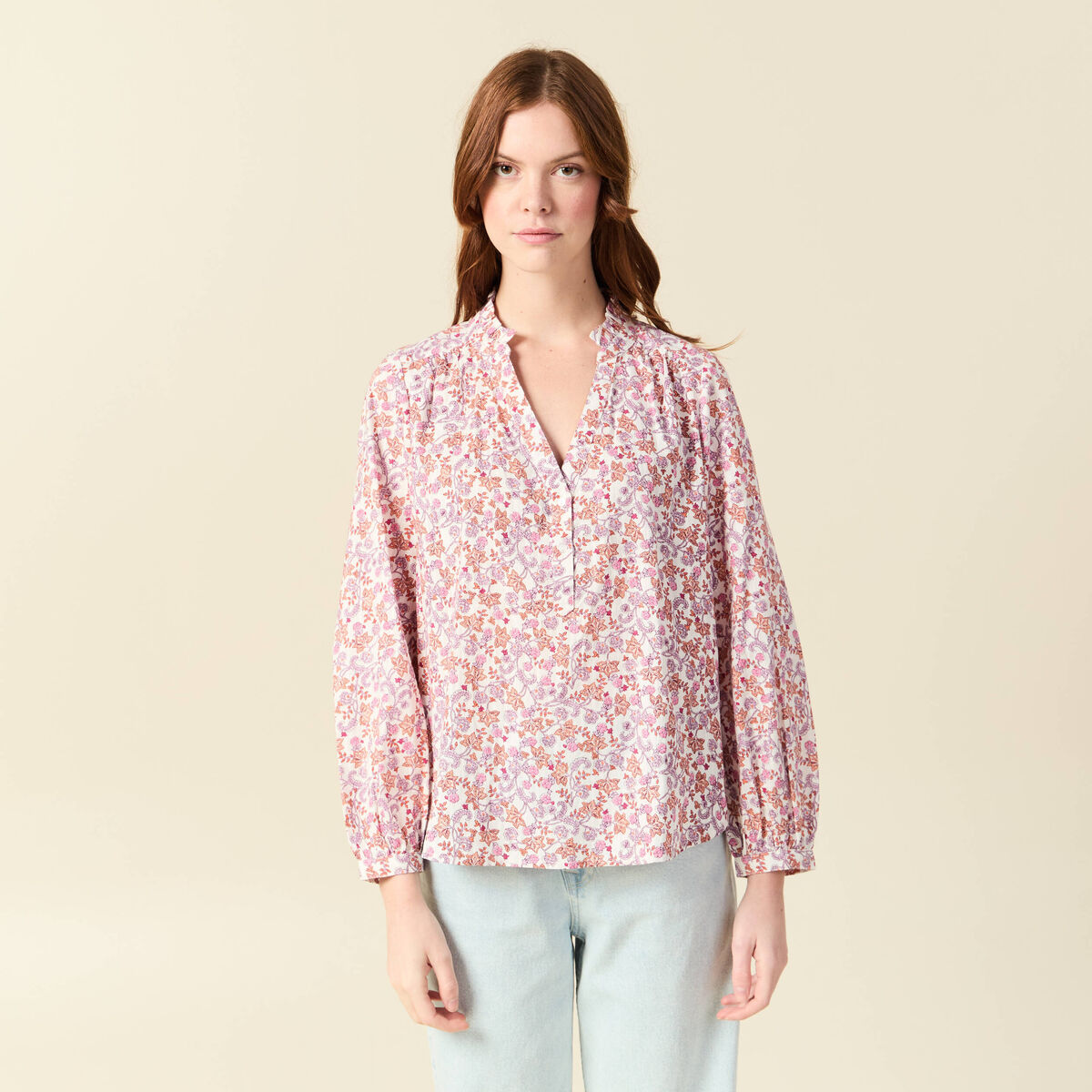 Blouse manches longues en coton orange corail femme