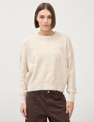 Pull droit manches longues col rond creme femme