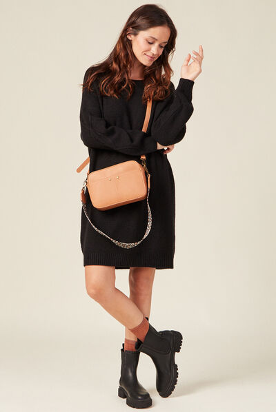Robe pull droite torsades noir femme