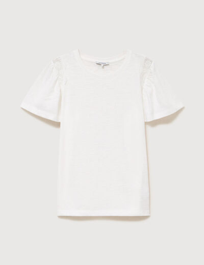 T-shirt droit col rond manches courtes ecru femme