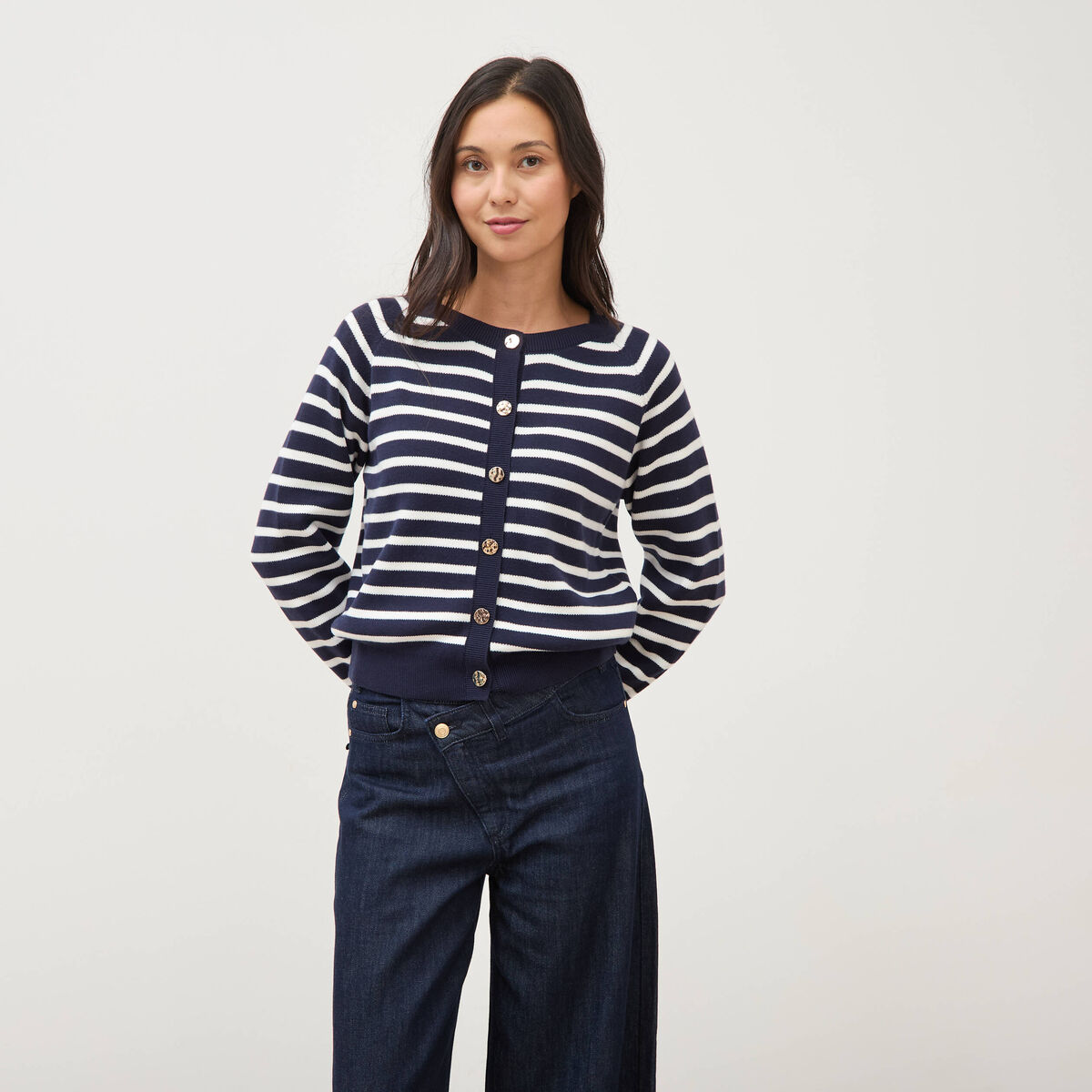 Gilet manches longues col rond en coton bleu marine femme